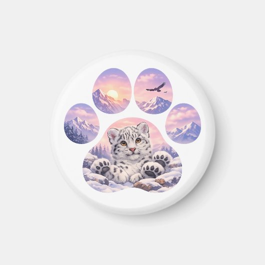 Cute Snow Leopard Paw Mountain Design マグネット (正面)