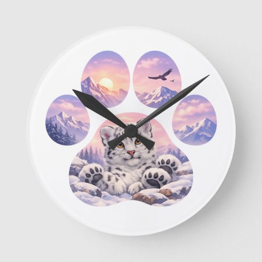 Cute Snow Leopard Paw Mountain Design ラウンド壁時計 (正面)