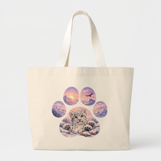 Cute Snow Leopard Paw Mountain Design ラージトートバッグ (正面)