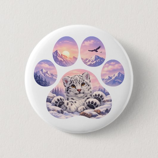 Cute Snow Leopard Paw Mountain Design 缶バッジ (正面)