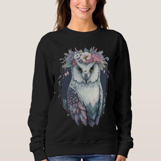 Cute Snow Owl Bird Flower Crown Floral Birds スウェットシャツ (正面)