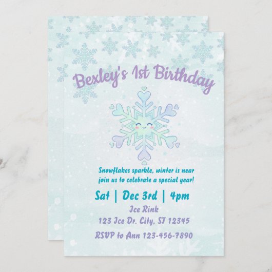 Cute Snowflake Special Year Birthday 招待状 (正面/裏面)