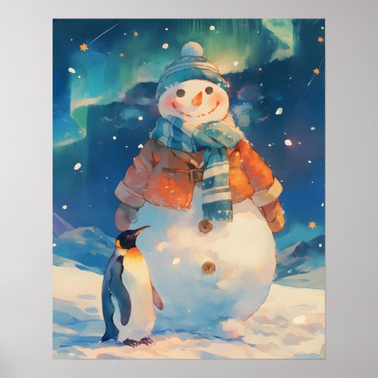 Cute Snowman and Penguin Northern Lights Nursery ポスター (正面)