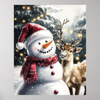 Cute Snowman and Reindeer Christmas Wall Art ポスター