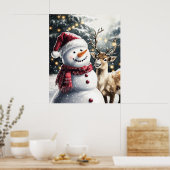 Cute Snowman and Reindeer Christmas Wall Art ポスター (キッチン)
