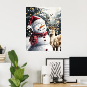 Cute Snowman and Reindeer Christmas Wall Art ポスター (ホームオフィス)