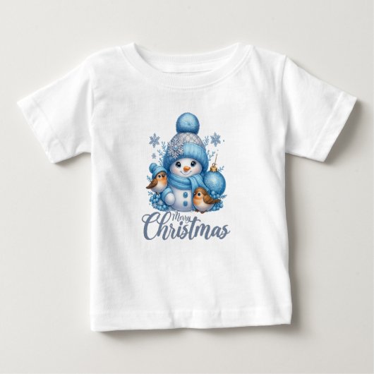 Cute Snowman and Winter Birds Christmas  ベビーTシャツ (正面)