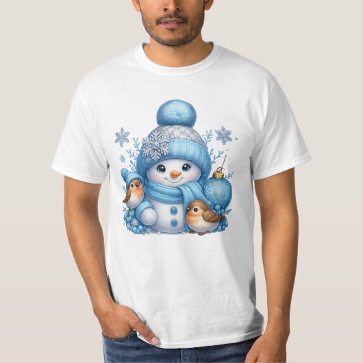 Cute Snowman and Winter Birds Christmas Tシャツ (正面)