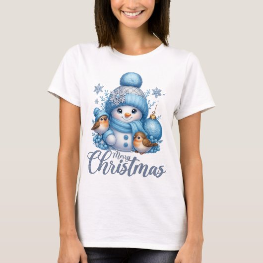 Cute Snowman and Winter Birds Christmas Tシャツ (正面)