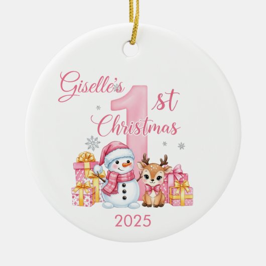  Cute Snowman Baby Girl's First Christmas Ornament セラミックオーナメント (正面)