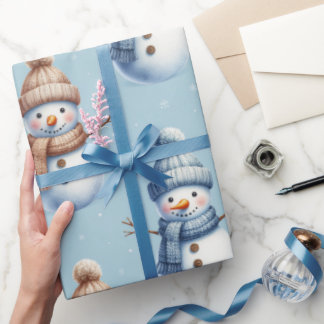 Cute Snowman Blue Snowy Background Christmas ラッピングペーパー
