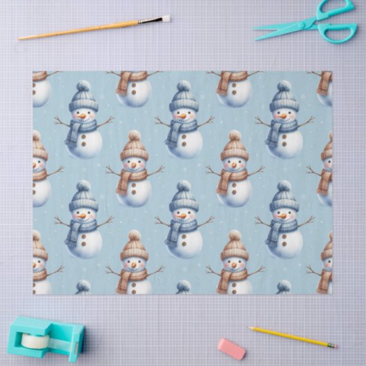 Cute Snowman Blue Snowy Background Christmas 薄葉紙 (クラフト)