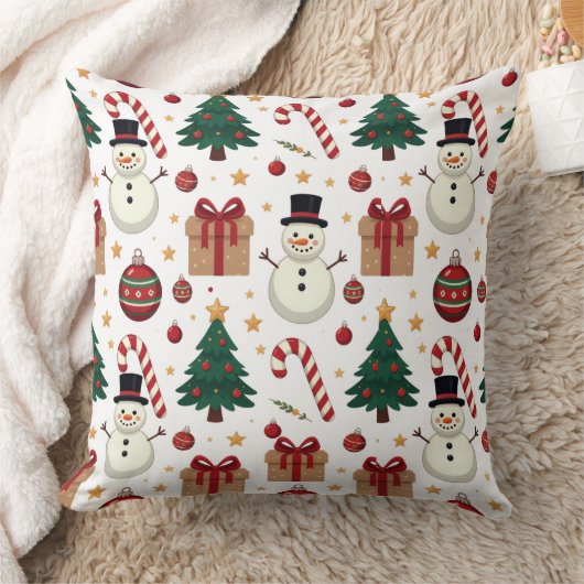 Cute Snowman & Candy Cane Christmas Throw Pillow  クッション (ブランケット)
