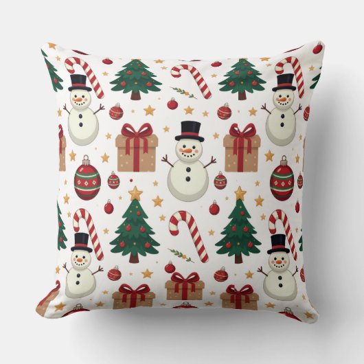 Cute Snowman & Candy Cane Christmas Throw Pillow  クッション (正面)