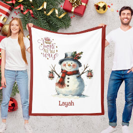 Cute Snowman Christmas Blanket for Kids With Name フリースブランケット