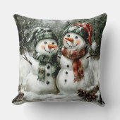 Cute Snowman Couple Christmas Throw Pillow クッション (正面)