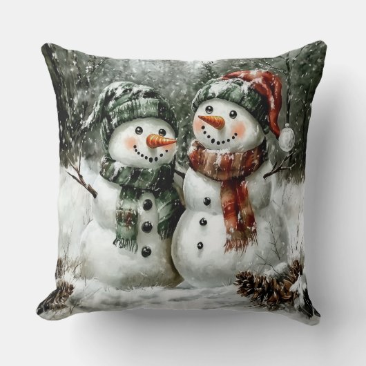 Cute Snowman Couple Christmas Throw Pillow クッション (正面)