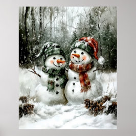 Cute Snowman Couple Christmas Wall Art ポスター