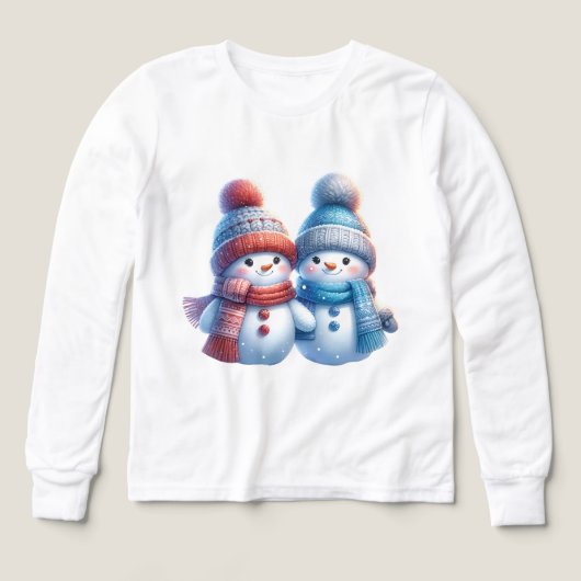 Cute Snowman Couple Winter Illustration T-Shirt (デザイン正面)