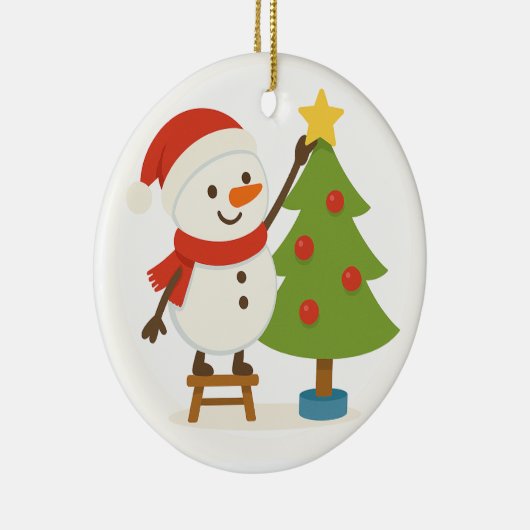 Cute Snowman Decorating Tree Personalized Name セラミックオーナメント (右)