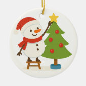 Cute Snowman Decorating Tree Personalized Name セラミックオーナメント (正面)