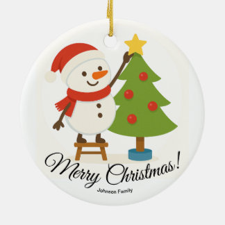 Cute Snowman Decorating Tree Personalized Name セラミックオーナメント