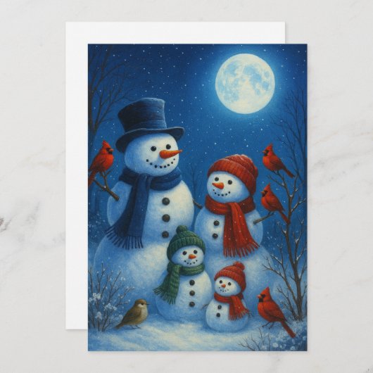 Cute Snowman Family In Snowy Moonlit Night シーズンカード (正面/裏面)