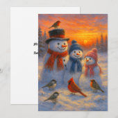 Cute Snowman Family In Snowy Woodland Sunset シーズンカード (正面/裏面)