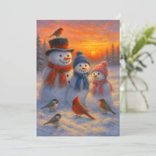 Cute Snowman Family In Snowy Woodland Sunset シーズンカード (スタンド正面)