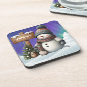 Cute snowman on North Pole with northern lights コースター (左側)