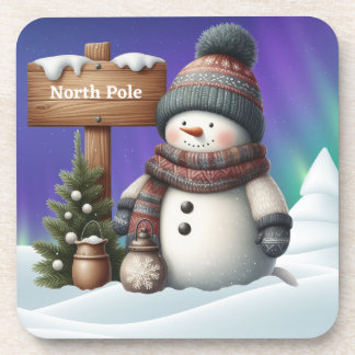 Cute snowman on North Pole with northern lights コースター