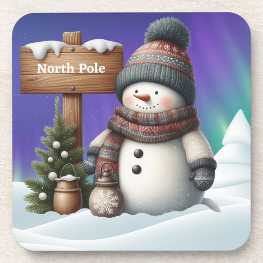 Cute snowman on North Pole with northern lights コースター (正面)