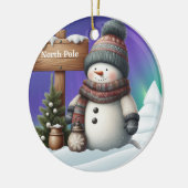 Cute snowman on North Pole with northern lights セラミックオーナメント (左)