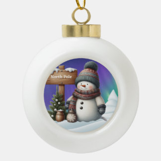 Cute snowman on North Pole with northern lights セラミックボールオーナメント