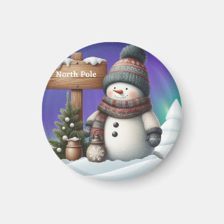Cute snowman on North Pole with northern lights マグネット