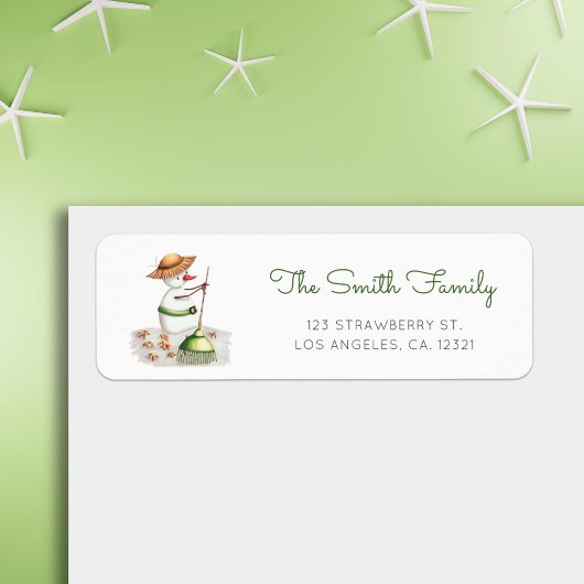 Cute Snowman Raking Leaves Fall Return Address ラベル