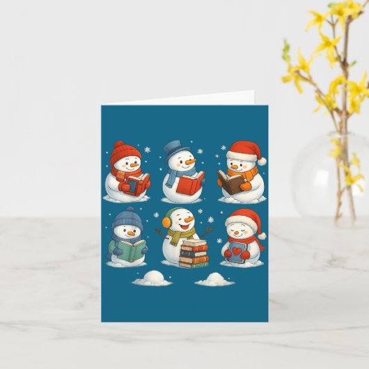 Cute Snowman Reading Books Christmas Winter Book L カード (黄色い花)