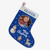 Cute Snowman Reindeer Gingerbread Snowflake Photo  ラージクリスマスストッキング (正面 (吊り時))