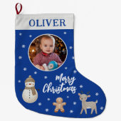 Cute Snowman Reindeer Gingerbread Snowflake Photo  ラージクリスマスストッキング (正面)