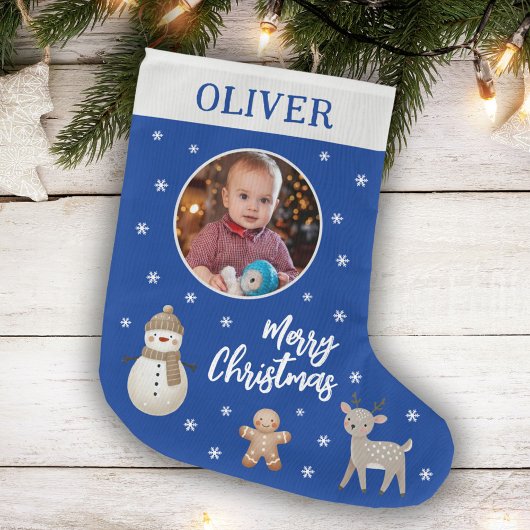 Cute Snowman Reindeer Gingerbread Snowflake Photo  ラージクリスマスストッキング