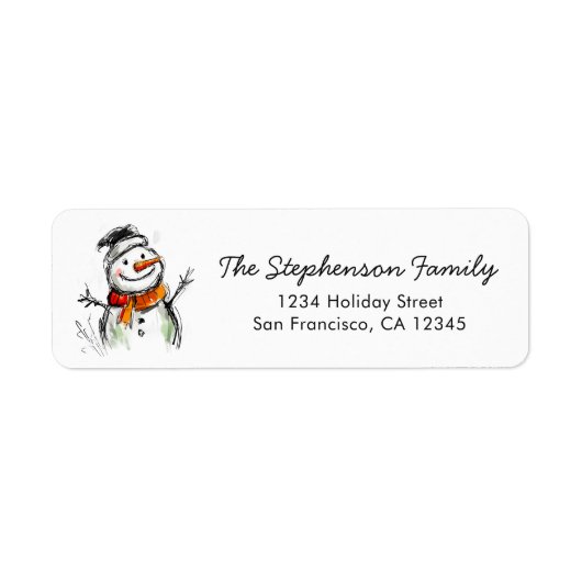 Cute Snowman Sketch Christmas Return Address ラベル (正面)