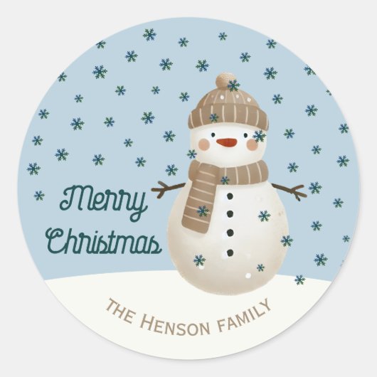 Cute Snowman Snowflakes Drawing Name Christmas ラウンドシール (正面)