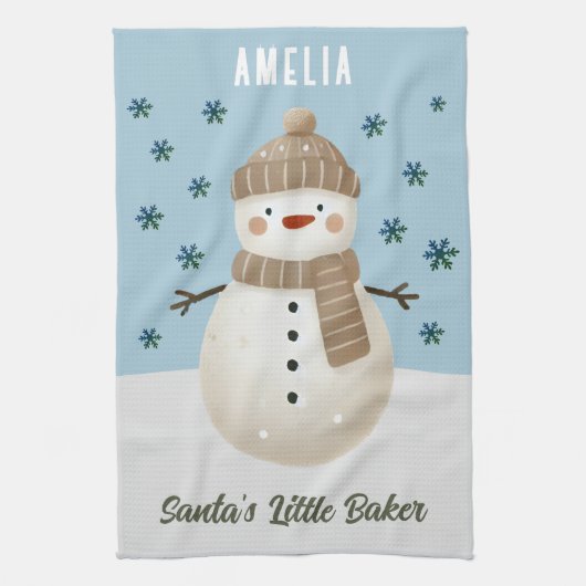 Cute Snowman Snowflakes Santa's Little Baker Kid キッチンタオル (縦)