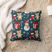 Cute Snowman & Teddy Christmas Throw Pillow クッション (ブランケット)