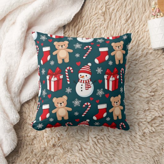 Cute Snowman & Teddy Christmas Throw Pillow クッション (ブランケット)