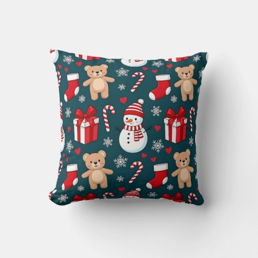 Cute Snowman & Teddy Christmas Throw Pillow クッション (正面)