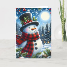 Cute Snowman wearing Plaid Scarf and Top Hat シーズンカード