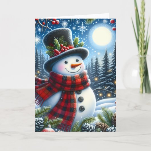 Cute Snowman wearing Plaid Scarf and Top Hat シーズンカード (正面)