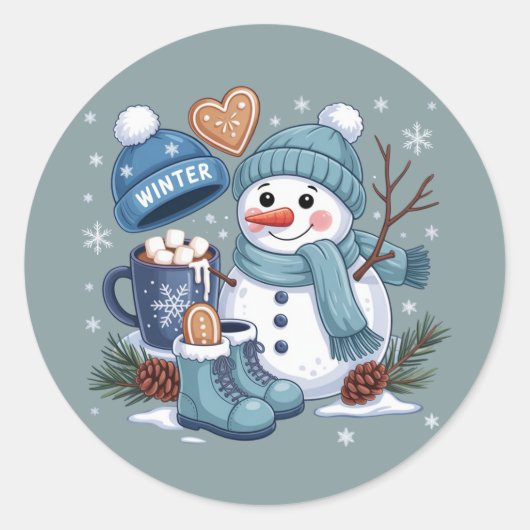 Cute Snowman Winter Season Vibes Christmas Holiday ラウンドシール (正面)