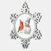 Cute Snowman with Bird Winter Christmas Scene スノーフレークピューターオーナメント (右)